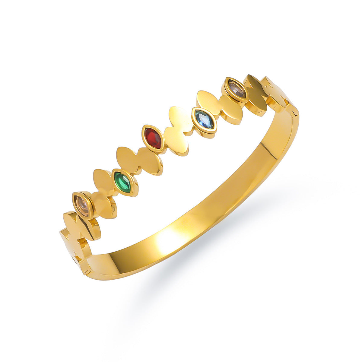 Pulsera rígida abierta vintage de acero inoxidable para mujer con detalles de pedrería y acabado chapado