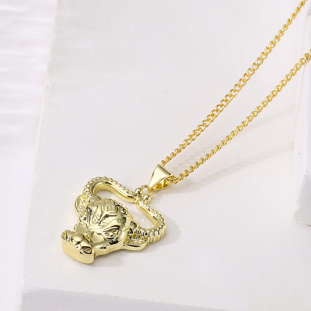 Punk Style Bull Pendant Necklace for Women with Copper Base and 18K Gold Plating, Minimalist Animal Design Locket Chain