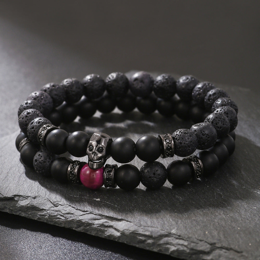 Men's Micro-Paved Cubic Zirconia Skull Geometric Lava Stone Bracelet Set