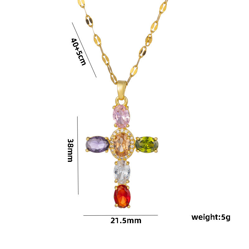 Collar con colgante de cruz minimalista de acero de titanio con circonita micropavé en cadena ondulada para mujer