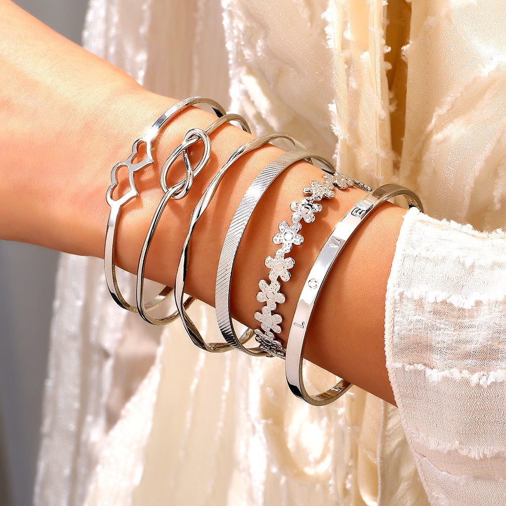 Geometric Heart Knot Flower Alloy Cuff Bracelet Set for Women