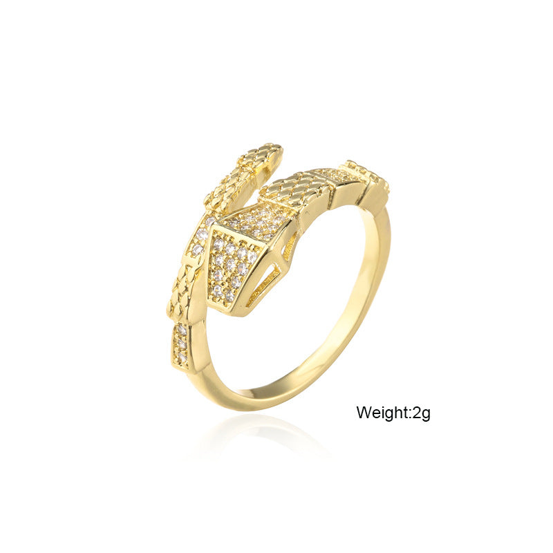 Vintage Bamboo-Style Open Ring with AAA Zirconia Micro-Pavé Setting in Copper Plated with 18K Gold for Women