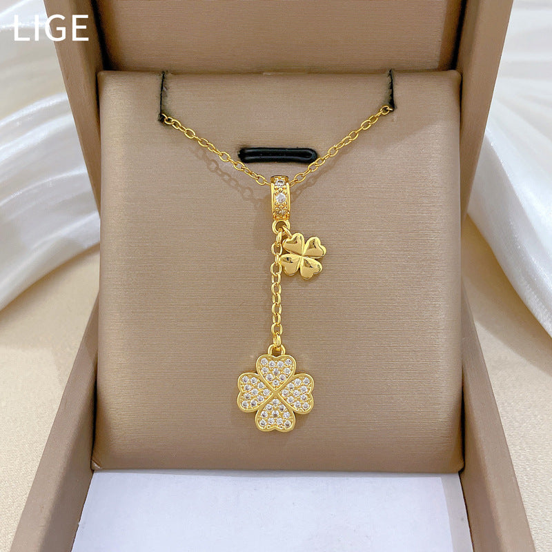 Collana con ciondolo a nappa Lucky Clover da donna, catena in acciaio inossidabile con design geometrico e dettagli in strass