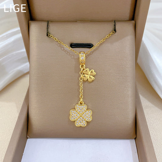 Collar con colgante de borla y trébol de la suerte para mujer, cadena de acero inoxidable con diseño geométrico y detalles de diamantes de imitación