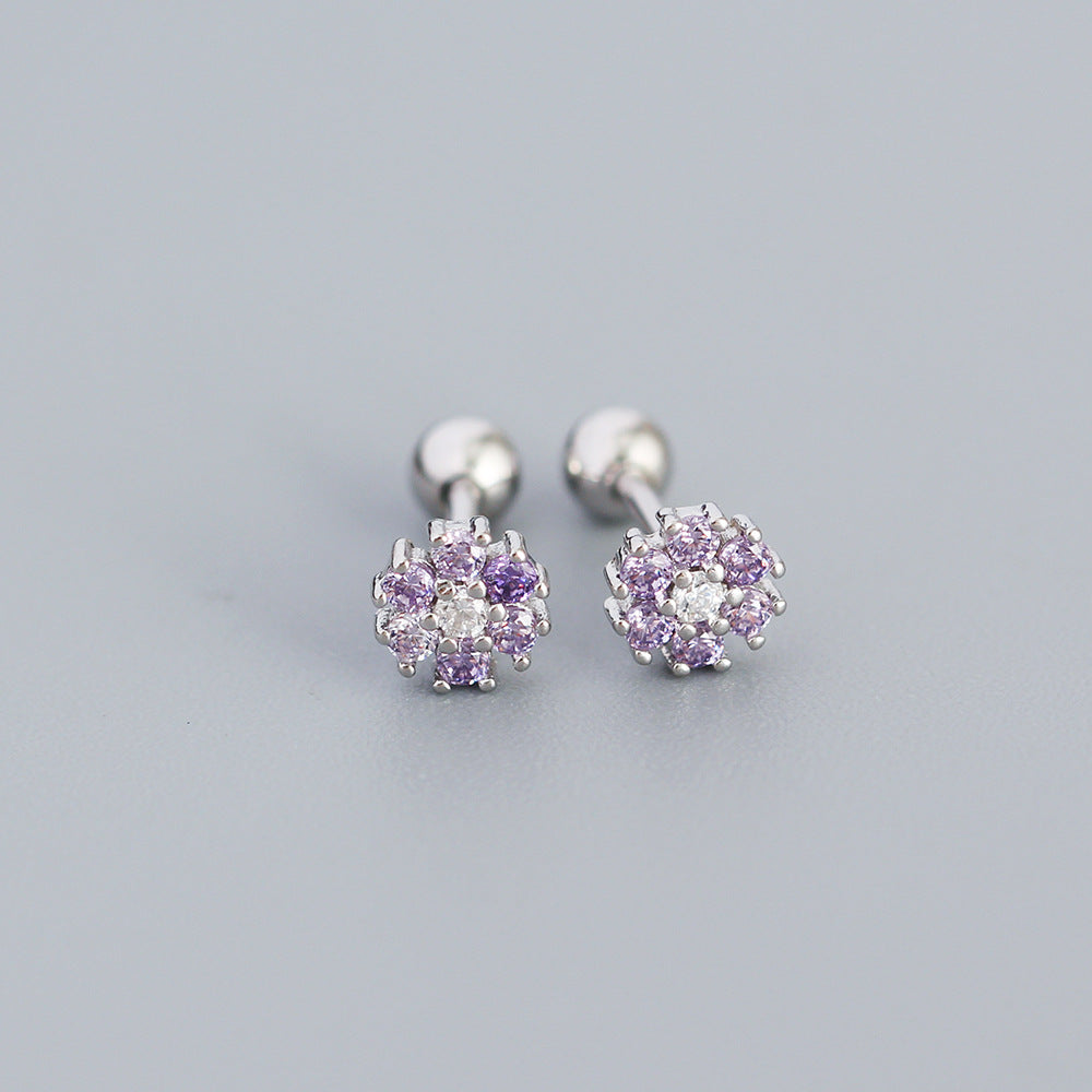 Pendientes minimalistas de plata de ley 925 con incrustaciones florales de circonita cúbica