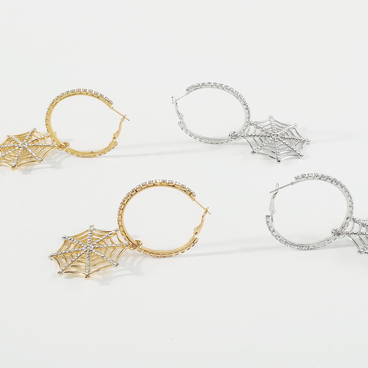 Sweet and Edgy Geometric Spiderweb Pendant Hoop Earrings in Alloy with Rhinestone Inlay and Plated Finish