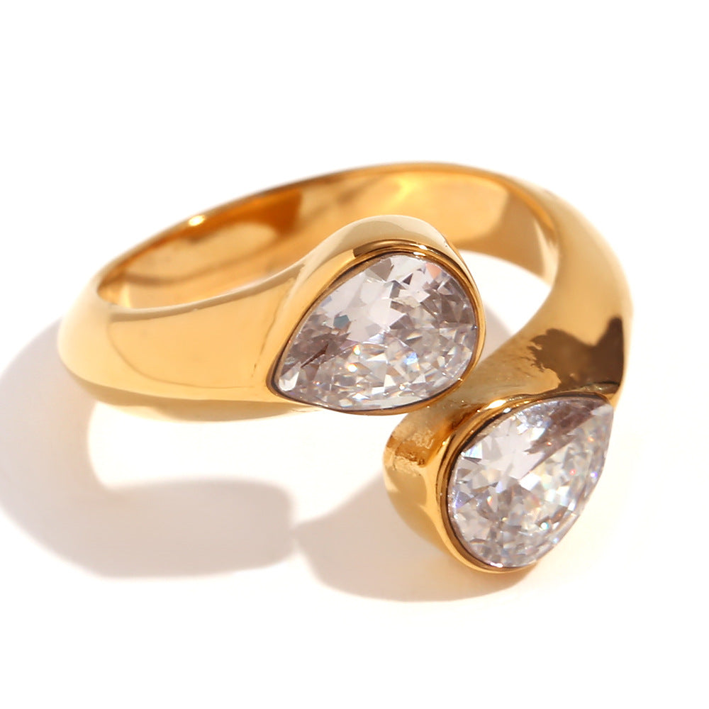 Minimalist Geometric Stainless Steel Plated 18K Gold Double Teardrop Open Ring for Women