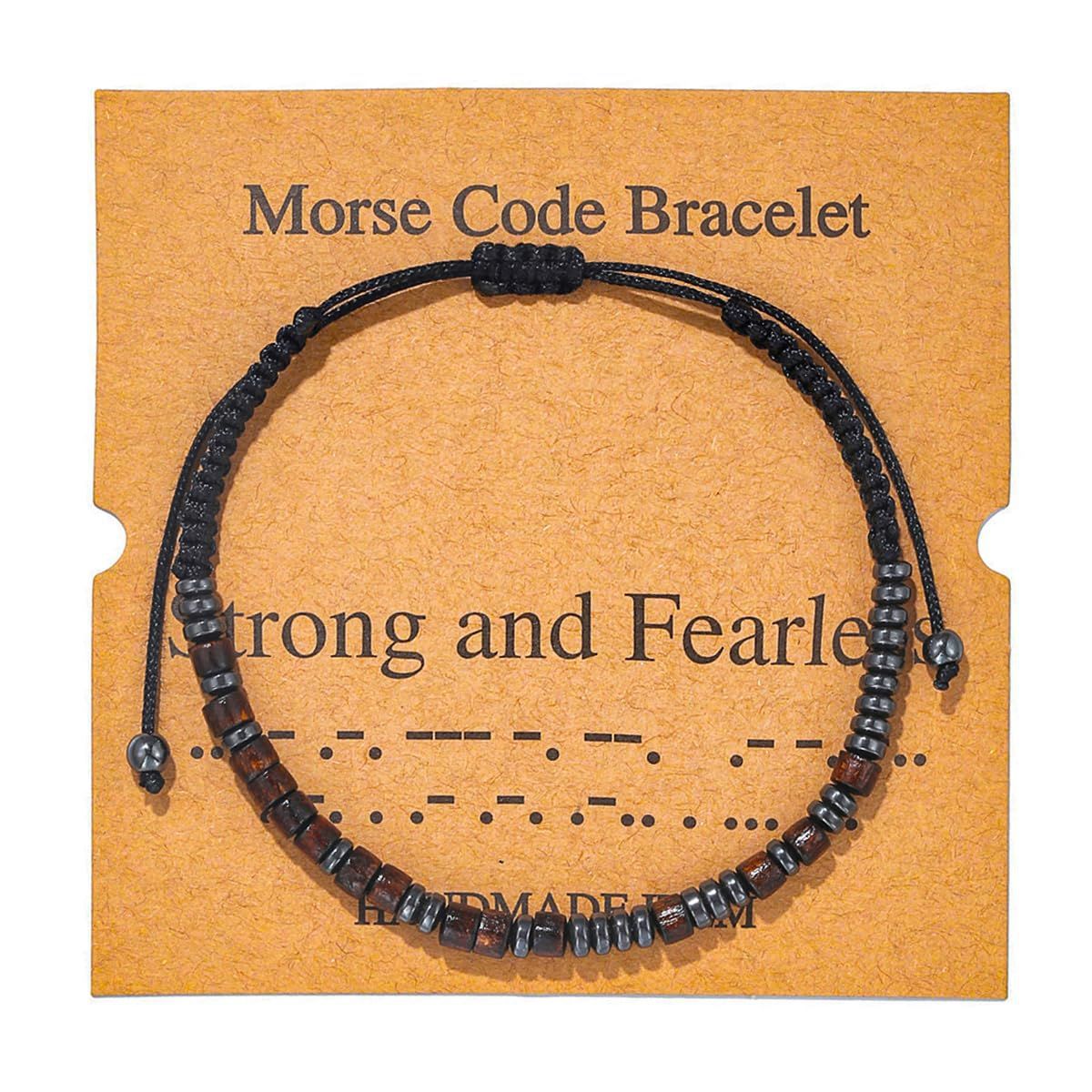 Geometric Morse Code Wood Bead Bracelet Unisex Handmade Braided Card