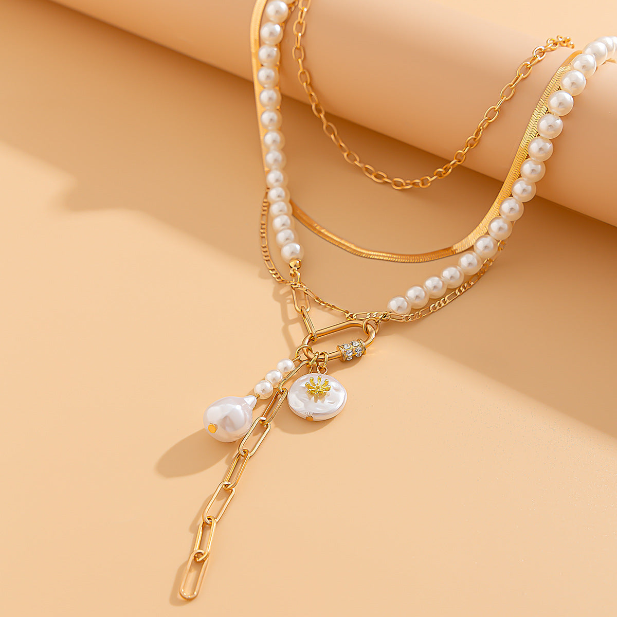 Baroque-Inspired Multi-Layer Pearl-Style Necklace with Snake Chain for Women Geometric Pendant Rhinestone Inlay Asymmetrical Layering Sweater Chain