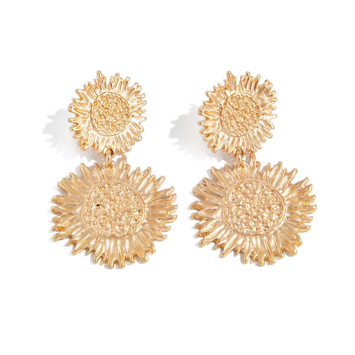 Aretes con colgante de girasol tridimensional estilo vintage para mujer, aleación con acabado galvanizado