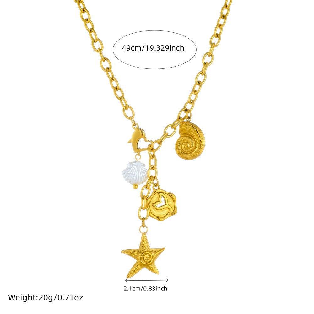 Collana con ciondolo a forma di coda di sirena con stelle marine e conchiglie stile Ins in acciaio inossidabile placcato oro con catena a maglie per donna