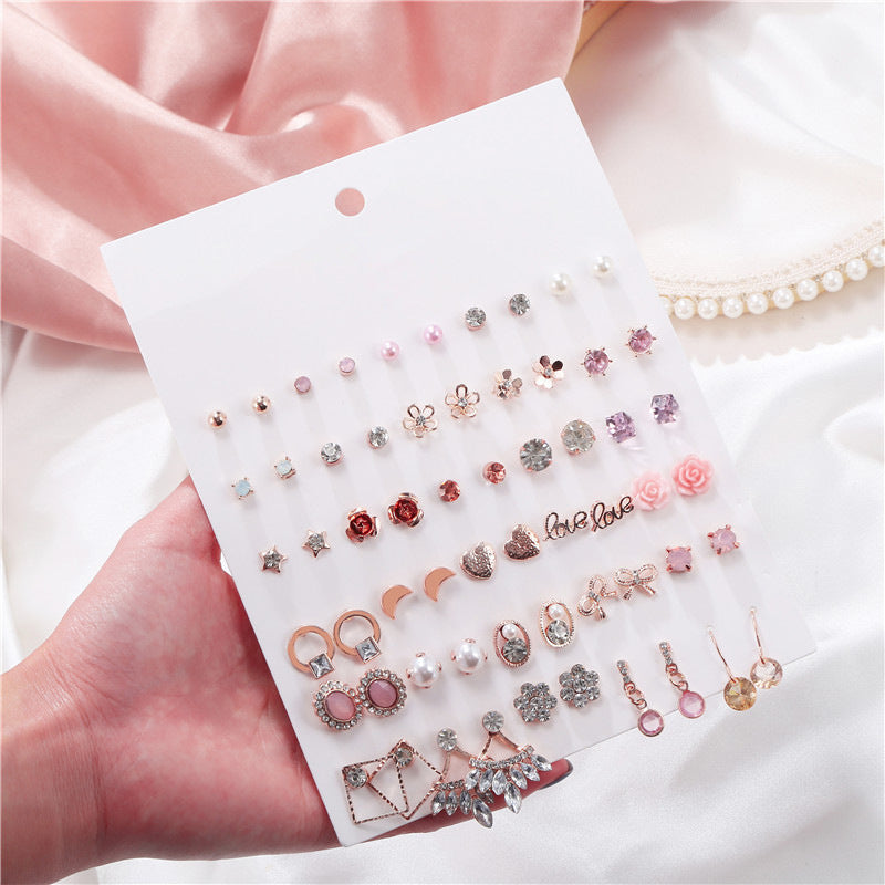 Sweet Geometric Heart Bow Floral Rhinestone Pearl Inlay Stainless Steel Earrings Set