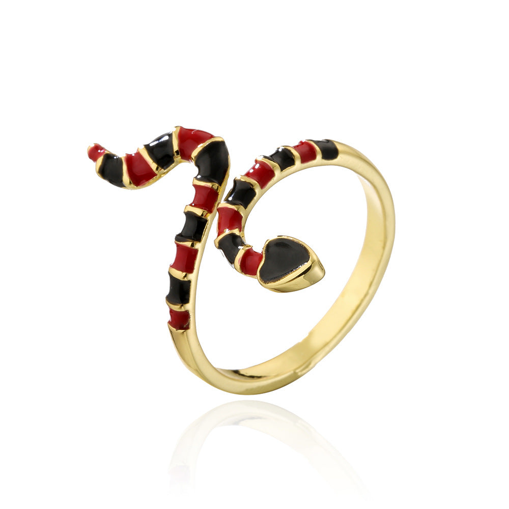 Bohemian Style 18K Gold Plated Copper Snake Shape Open Ring with Enamel Micro-Inlay for Women