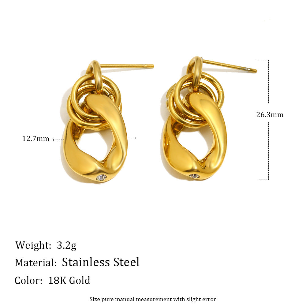 Minimalist Geometric Stainless Steel Earrings with 18K Gold Plating and Rhinestone Accents for Women