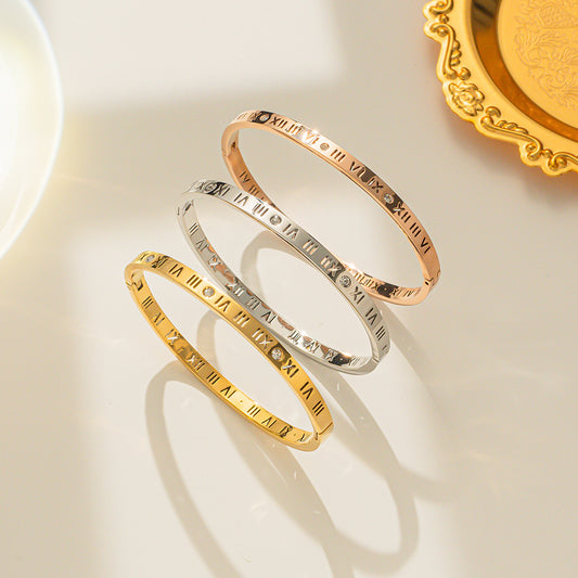 Bracciale con numeri romani in acciaio al titanio con placcatura in oro, bracciale aperto regolabile, gioielli da donna