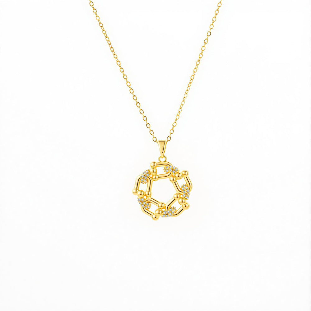 Collar colgante geométrico redondo de herradura de cobre y circonita chapado en oro de 18 quilates de lujo ligero para mujer con cadena O de acero de titanio