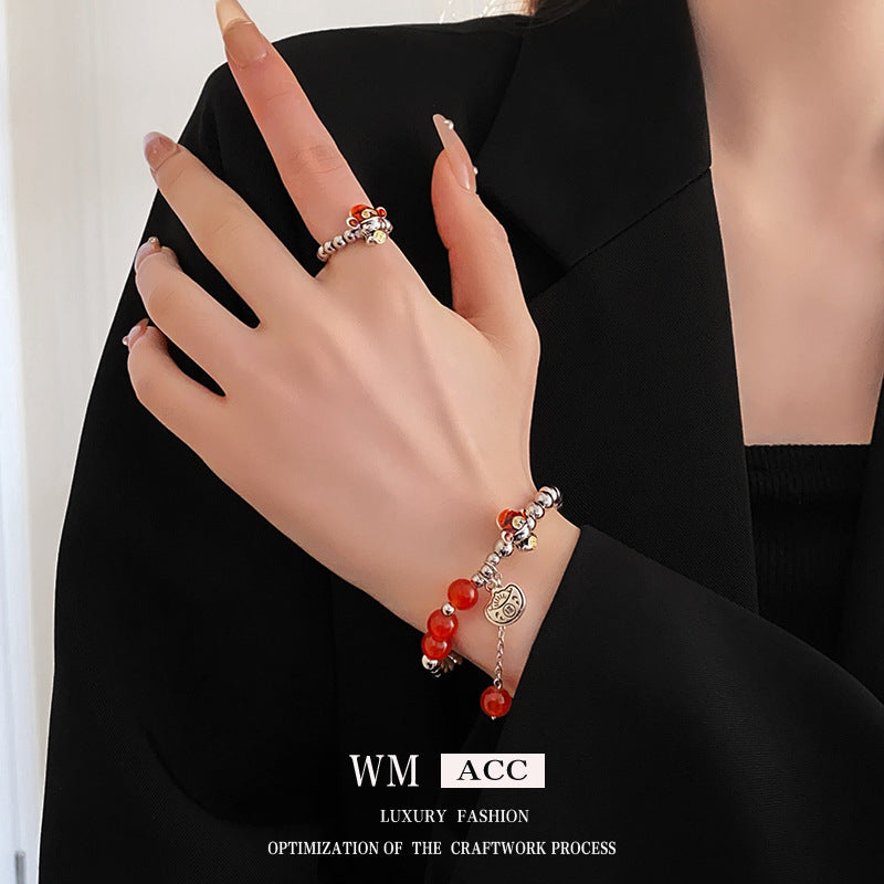 Bracciale da donna personalizzato a forma di drago in smalto con carattere "Fu" e perla, accessorio festivo di Capodanno in lega galvanizzata