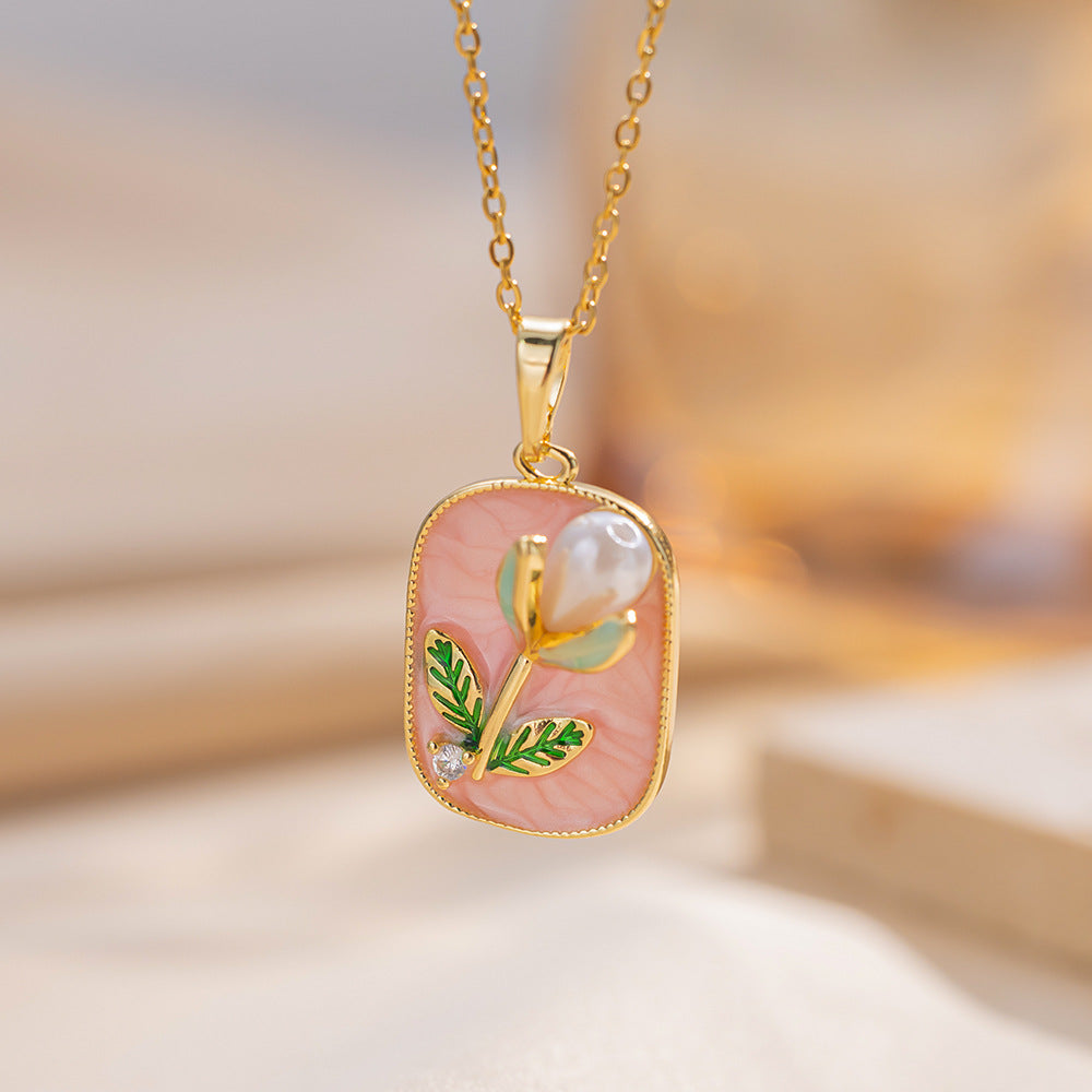 Minimalist Floral Enamel Pendant Necklace for Women and Men Titanium Steel O-Chain with Tulip Rose and Camellia Design