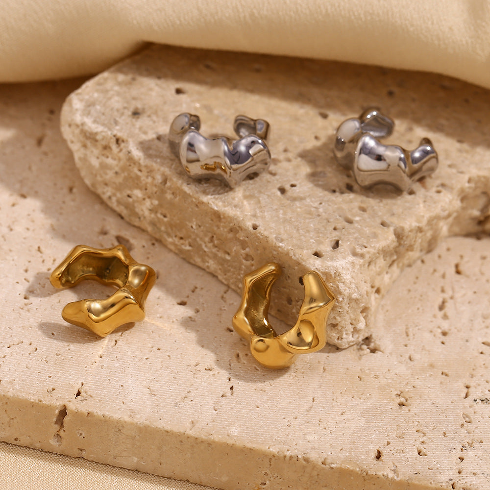 Fashionable Minimalist Geometric Bamboo-Shaped Stainless Steel Ear Clips for Women with 18K Gold Plating