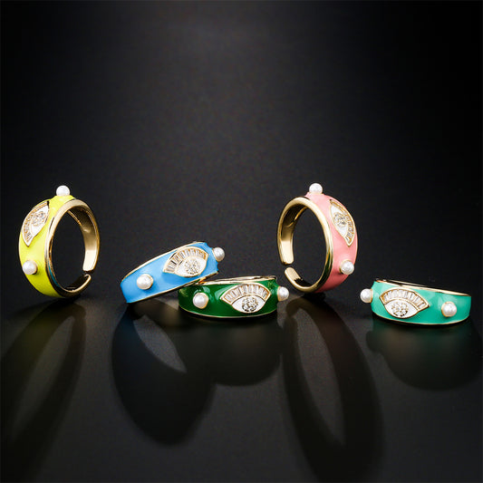 Anillo Abierto Geométrico Minimalista con Forma de Ojo para Mujer Hecho de Latón con Baño de Oro de 18K y Incrustaciones de Zirconia AAA