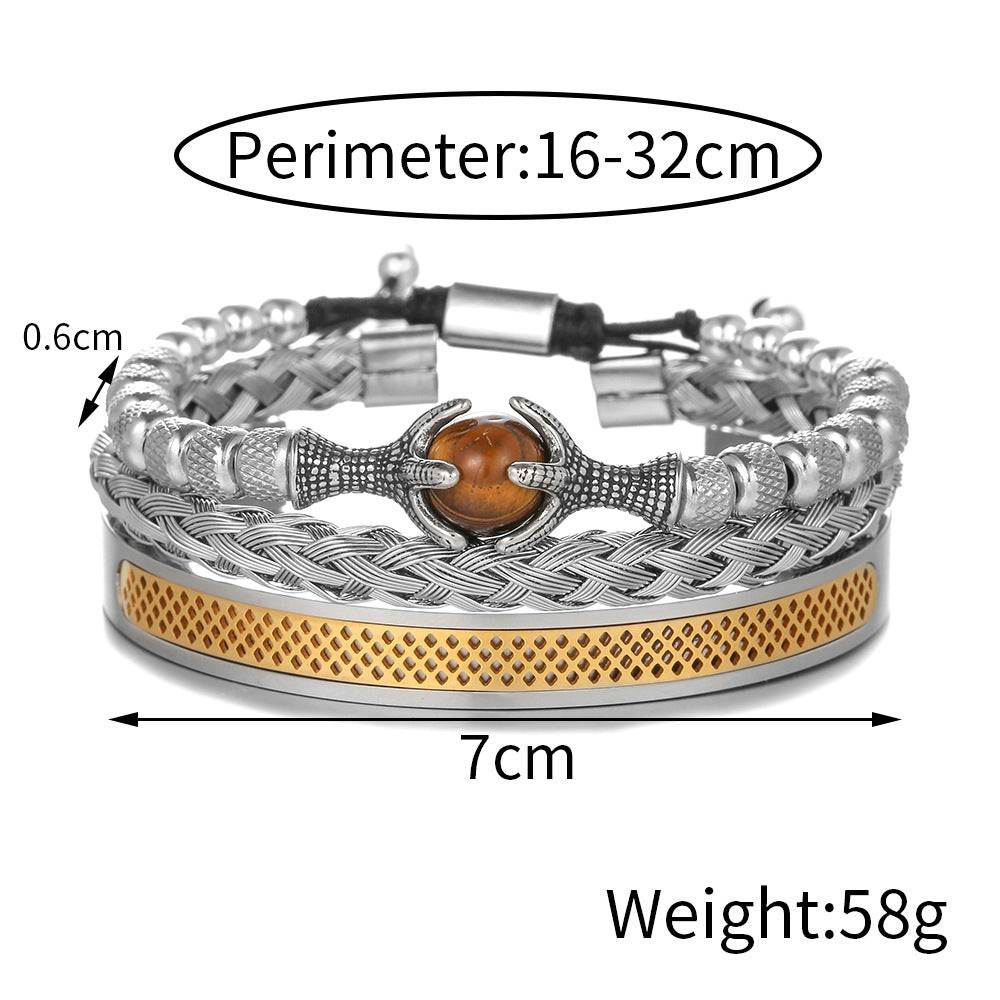 Personalized 10mm Tiger's Eye Titanium Steel Rope Chain Bracelet Set with Dragon Claw Beads