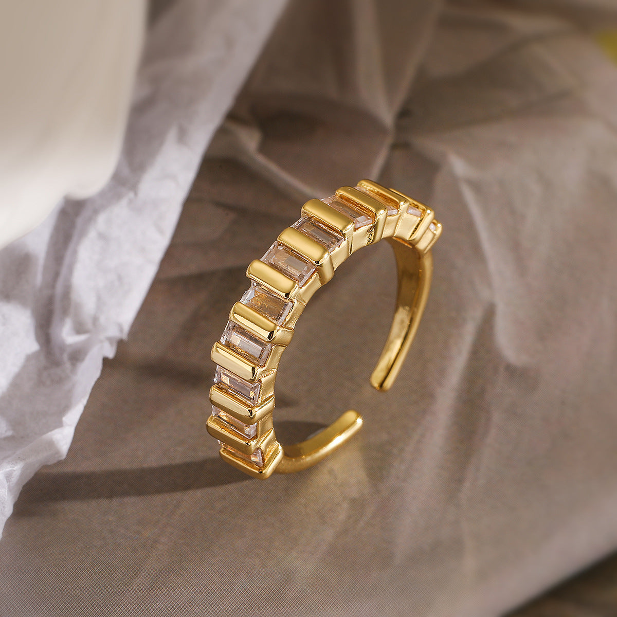 Minimalist Geometric Open Ring for Women in Copper with 18K Gold Plating and Zircon Inlay