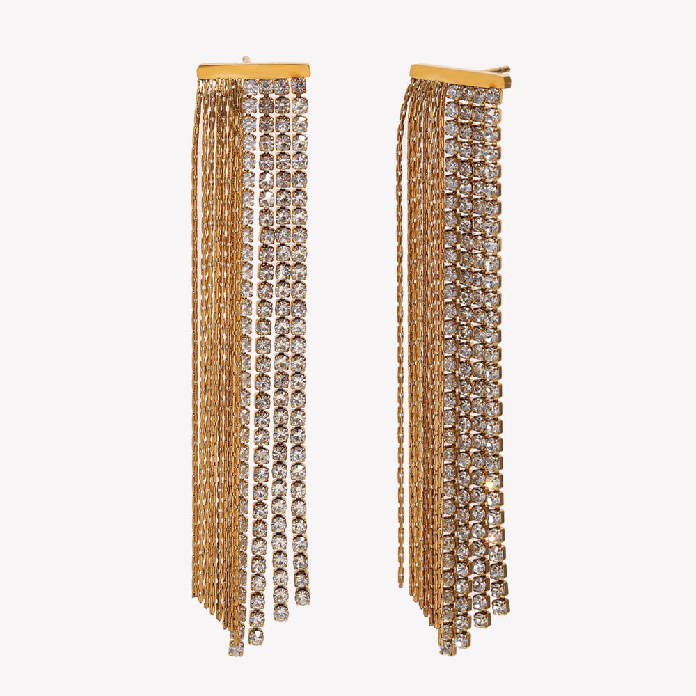 Luxury Geometric Stainless Steel Earrings with 18K Gold Plating Rhinestone Chain and Tassel Detail