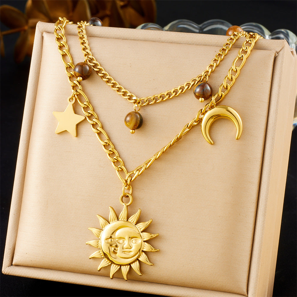 Vintage Gold Plated Stainless Steel Star Moon Face Pendant Necklace with Tiger's Eye Serpentine Chain