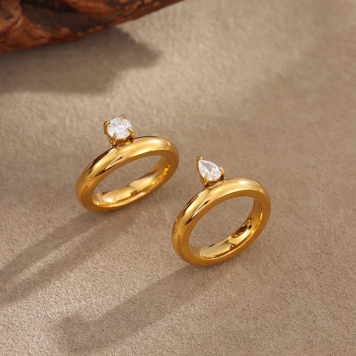 Minimalist Geometric Teardrop Stainless Steel Ring with Cubic Zirconia PVD 18K Gold Plated for Women