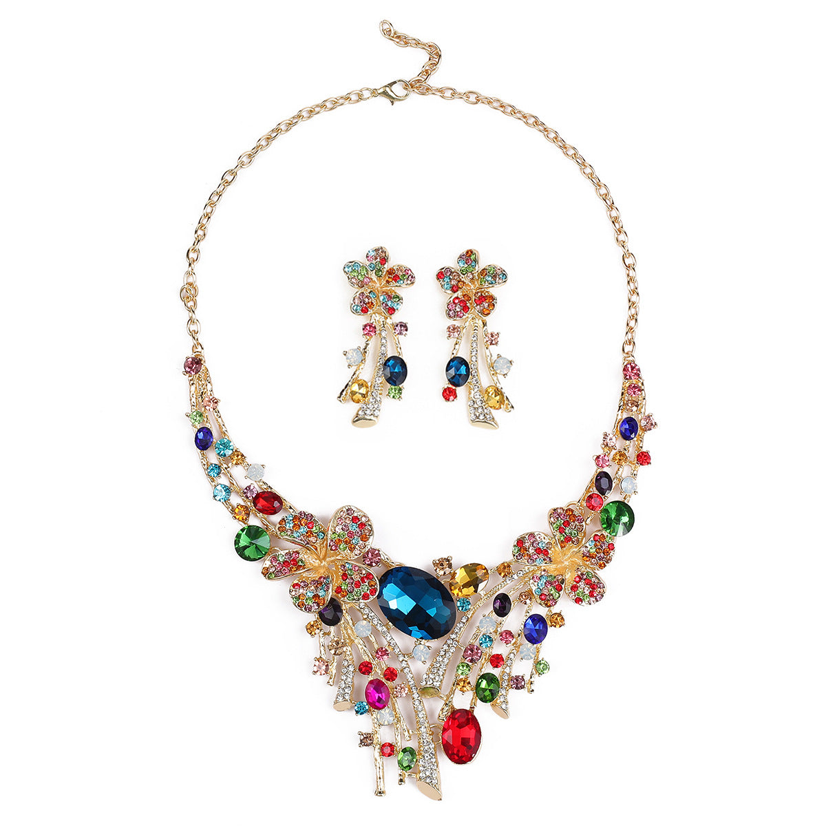Set collana e orecchini oversize etnici floreali da donna, ciondolo in lega con strass intarsiati, catena a serpente in stile vintage