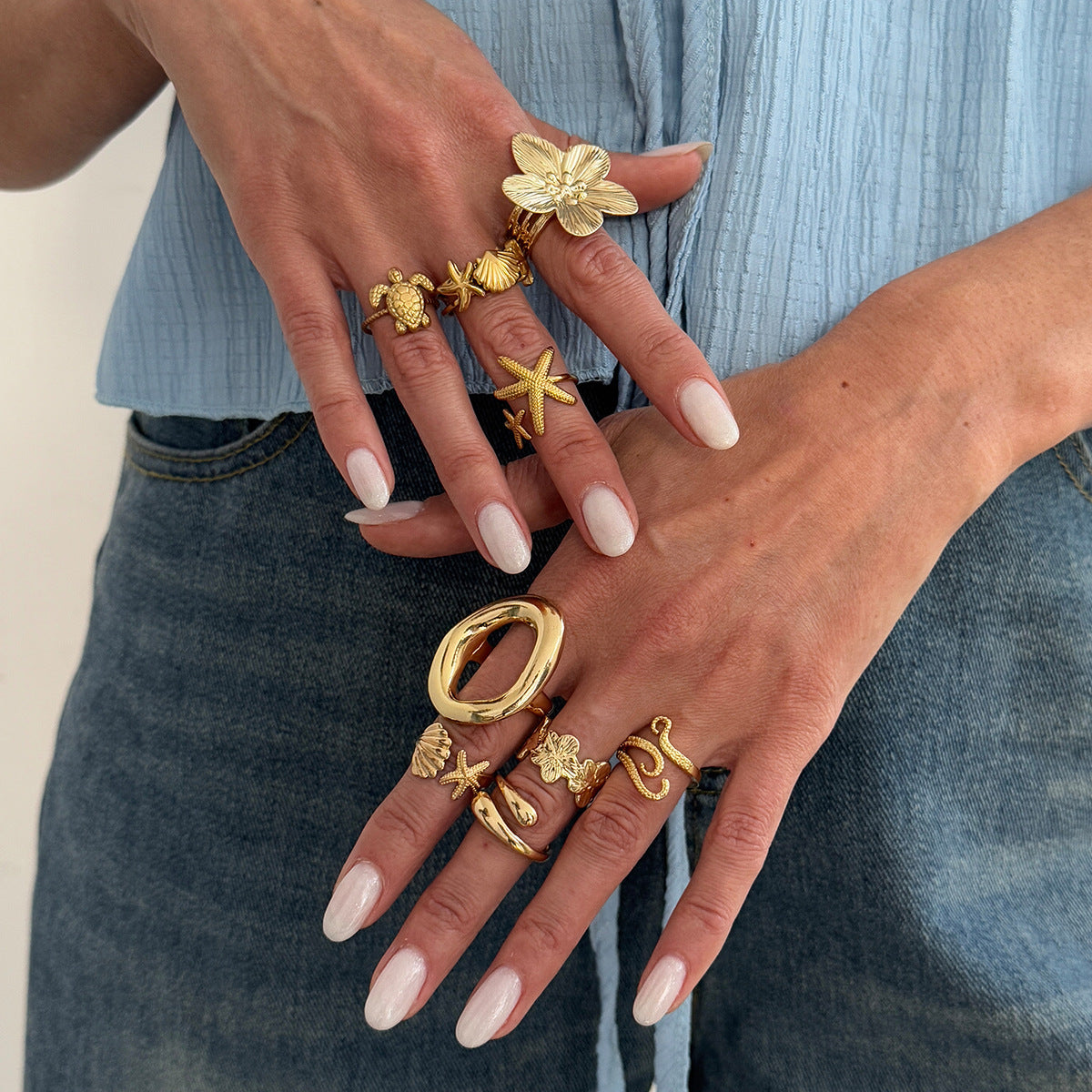 Sweet Plated Zinc Alloy Starfish and Shell Open Ring Set for Women