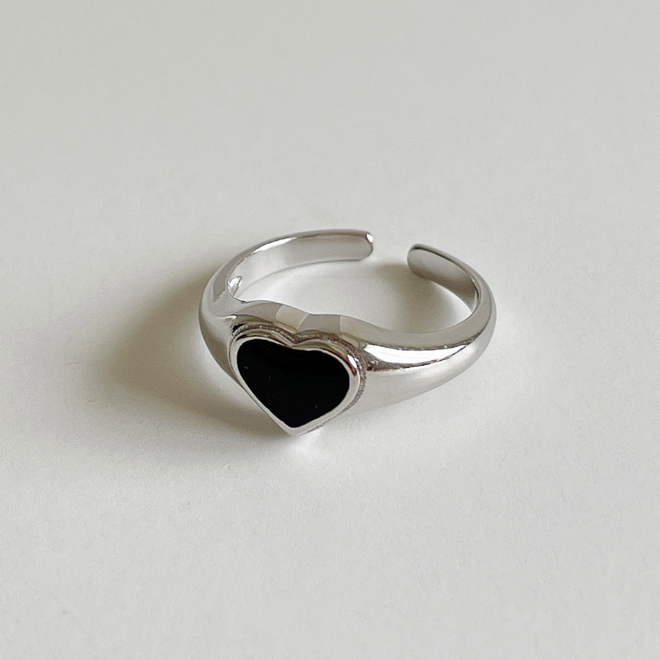 Vintage Minimalist Sweet 925 Sterling Silver Polished Heart Ring with Round Polka Dot Design Open Adjustable Band