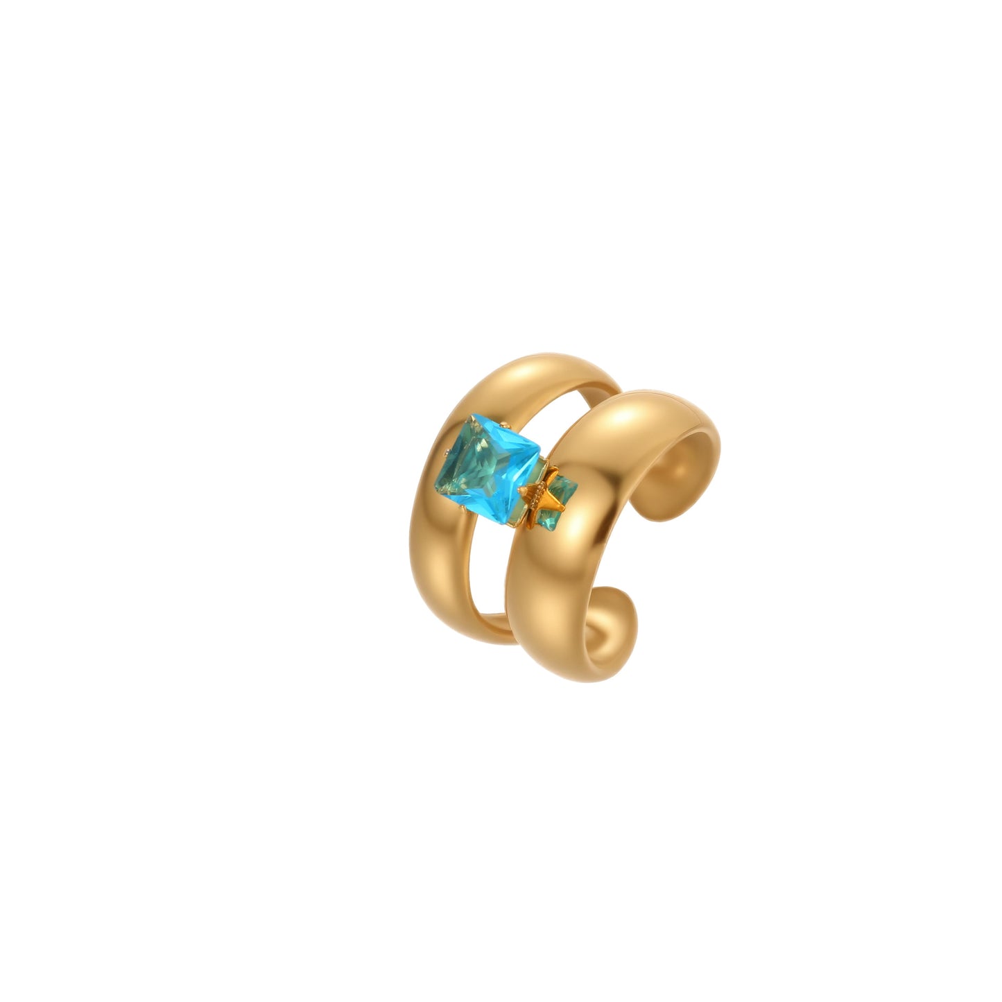 Anillo minimalista de acero inoxidable hueco geométrico con incrustaciones de circonita azul y baño de oro de 18 quilates para mujer
