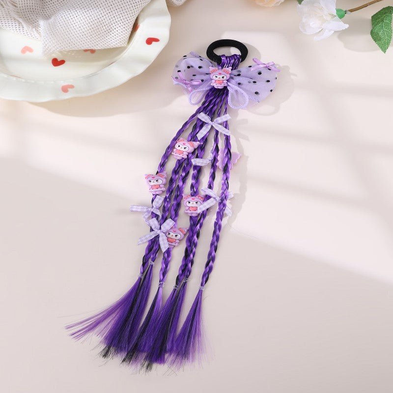 Cartoon Character Bow Hair Tie for Kids with Braided Design and Knitted Fabric Construction in Pastel Macaron Style