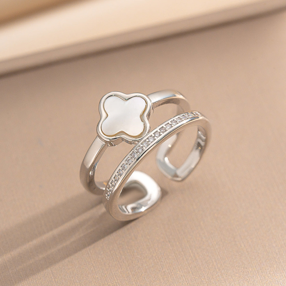 Luxury Minimalist Adjustable Open Ring for Women with Gold-Plated Copper Band and Zircon Stone Accent in Heart and Floral Shape