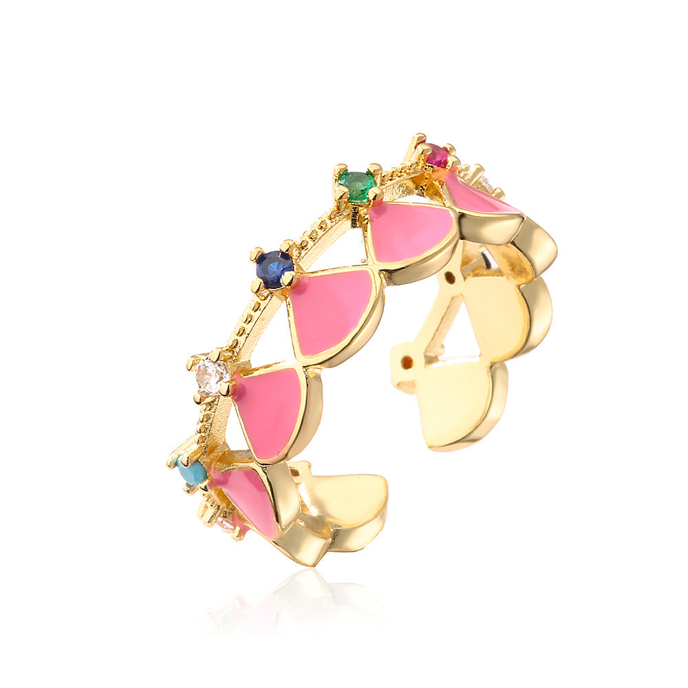 Anello Aperto Geometrico da Donna con Base in Rame Placcato in Oro 18K e Intarsio in Zirconia Smaltata