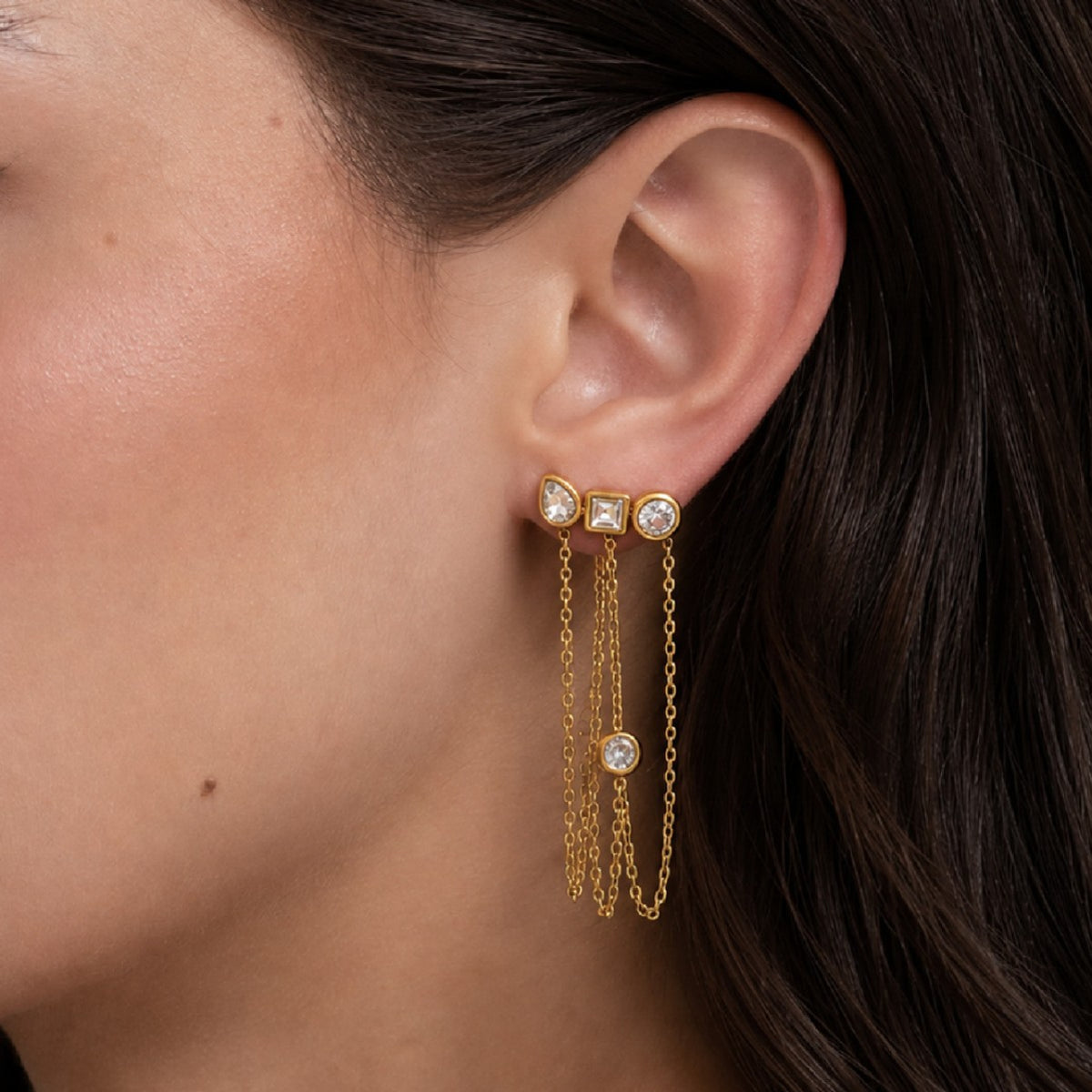 Sweet Geometric Teardrop Rhinestone PVD Plated Stainless Steel Earrings with Multi-layer Chain Tassel
