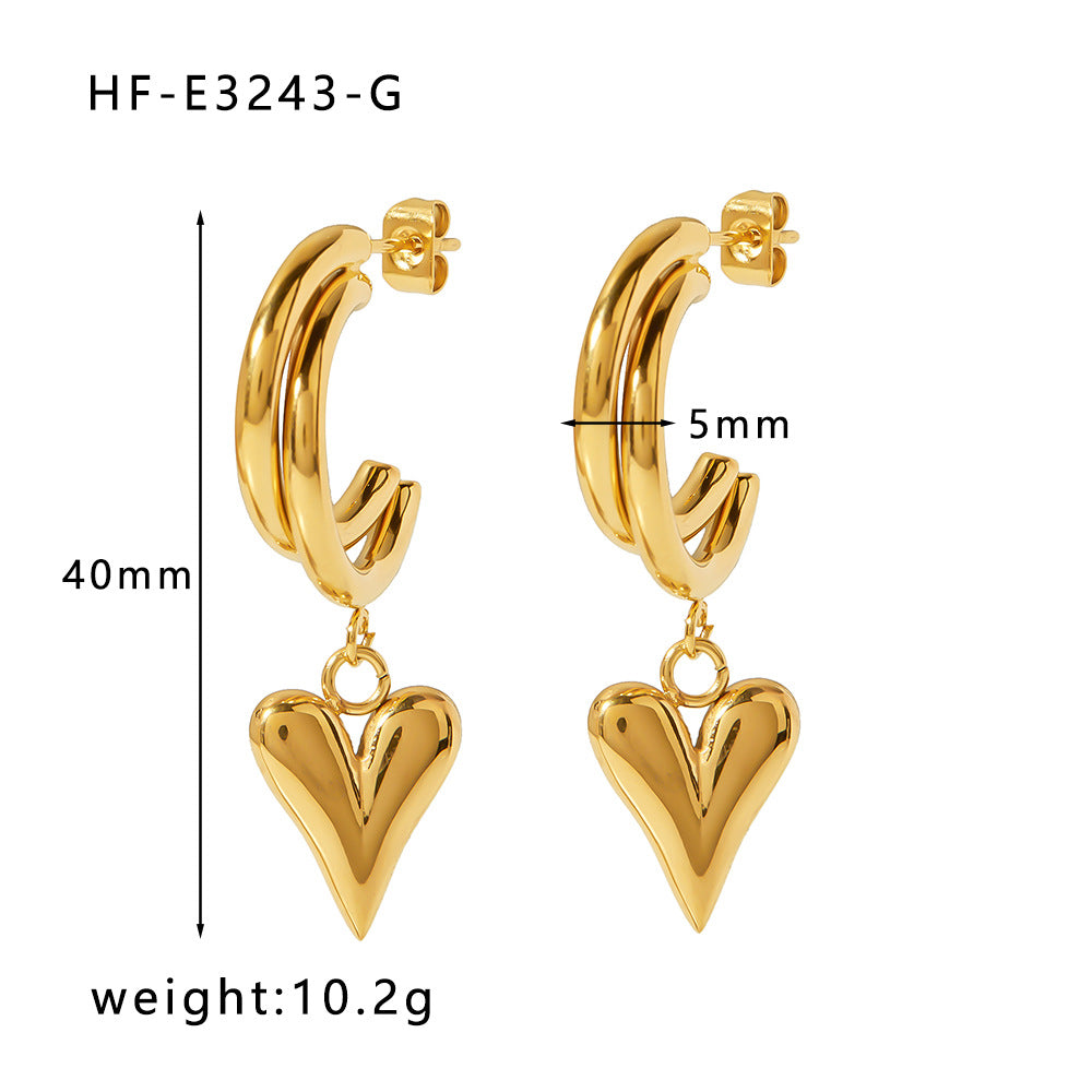 Ins Style Heart Shaped 18K Gold Plated Titanium Steel Statement Earrings with Geometric and Irregular Circle Design