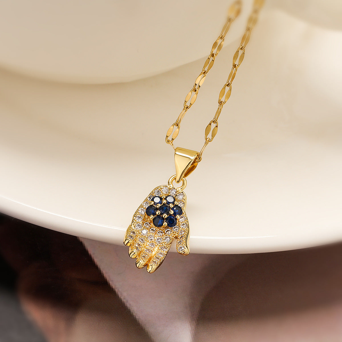 Minimalist Geometric Hand-Shaped Pendant Necklace for Women in Brass with Real Gold Plating and Zircon Inlay