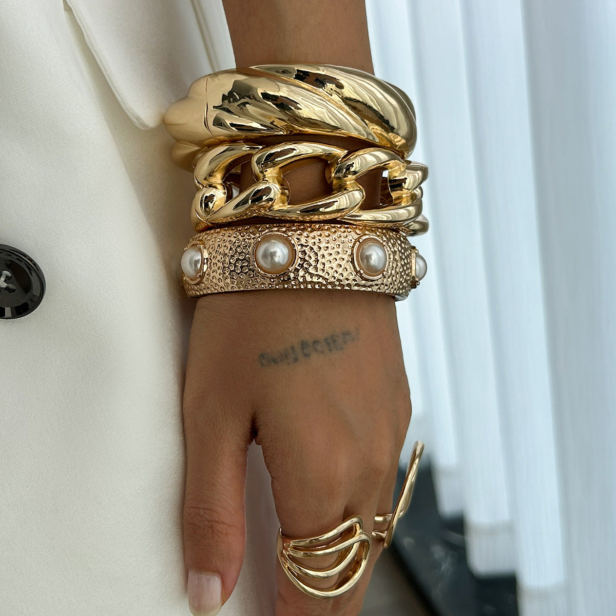 Stacked Style Irregular Geometric Plated Alloy Rope Chain Bracelet Set