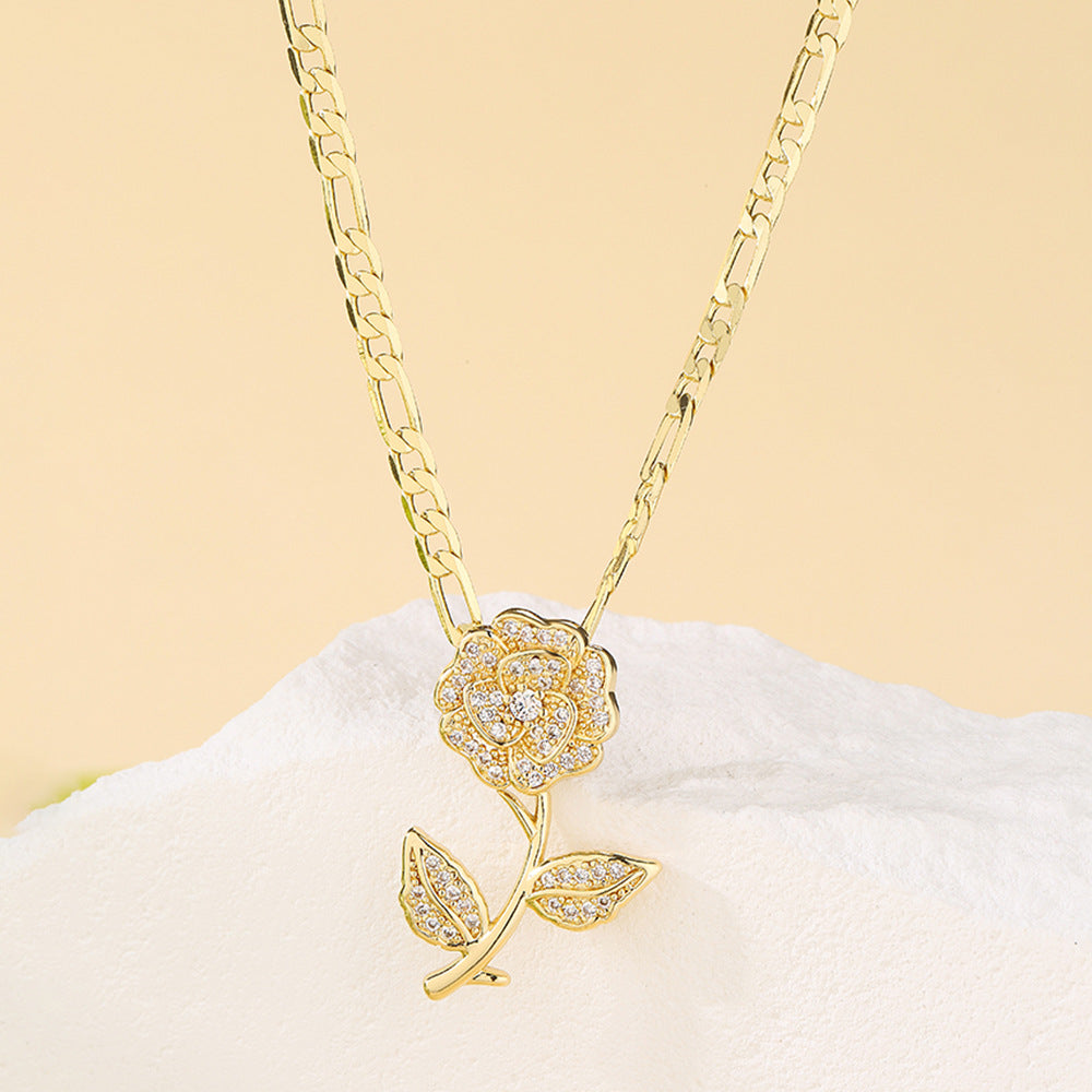 Elegant Rose Flower Pendant Necklace for Women in Copper with 18K Gold Plating and Zircon Inlay, Geometric Design