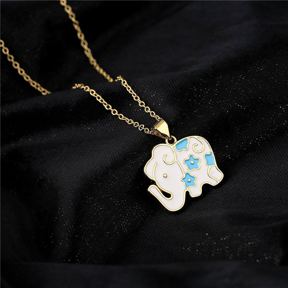 Cute Elephant Drip Oil Geometric Brass 18K Gold Plated Necklace with Cubic Zirconia Cable Chain