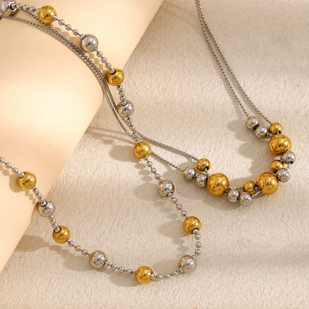 Collana Minimalista Geometrica a Doppio Strato in Acciaio Inox Placcato Oro 18K con Perle d'Oro Alternate e Maglie a Catena Rotonde