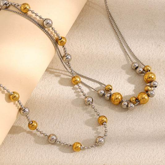 Minimalist Geometric Stainless Steel Plated 18K Gold Double Layer Necklace with Alternating Gold Beads and Round Chain Links