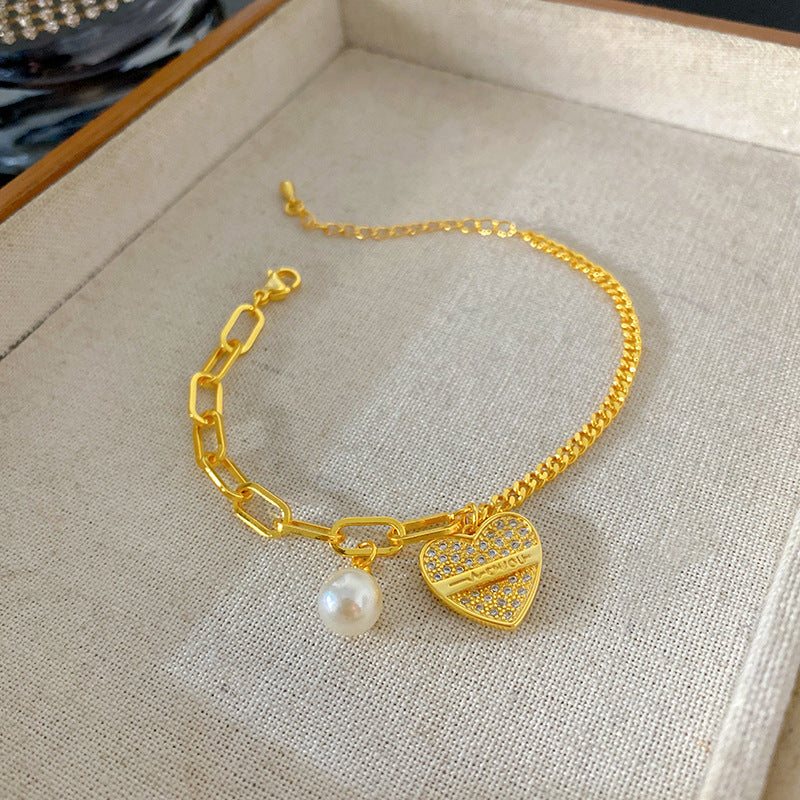Sweet Minimalist Heart Letter Cubic Zirconia Pearl Plated Titanium Steel Bracelet