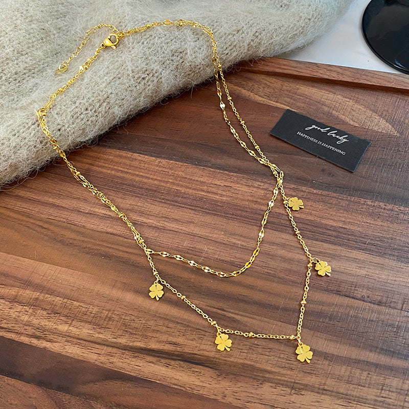 Gold Plated Titanium Steel Four-Leaf Clover Lip Chain Bracelet Set