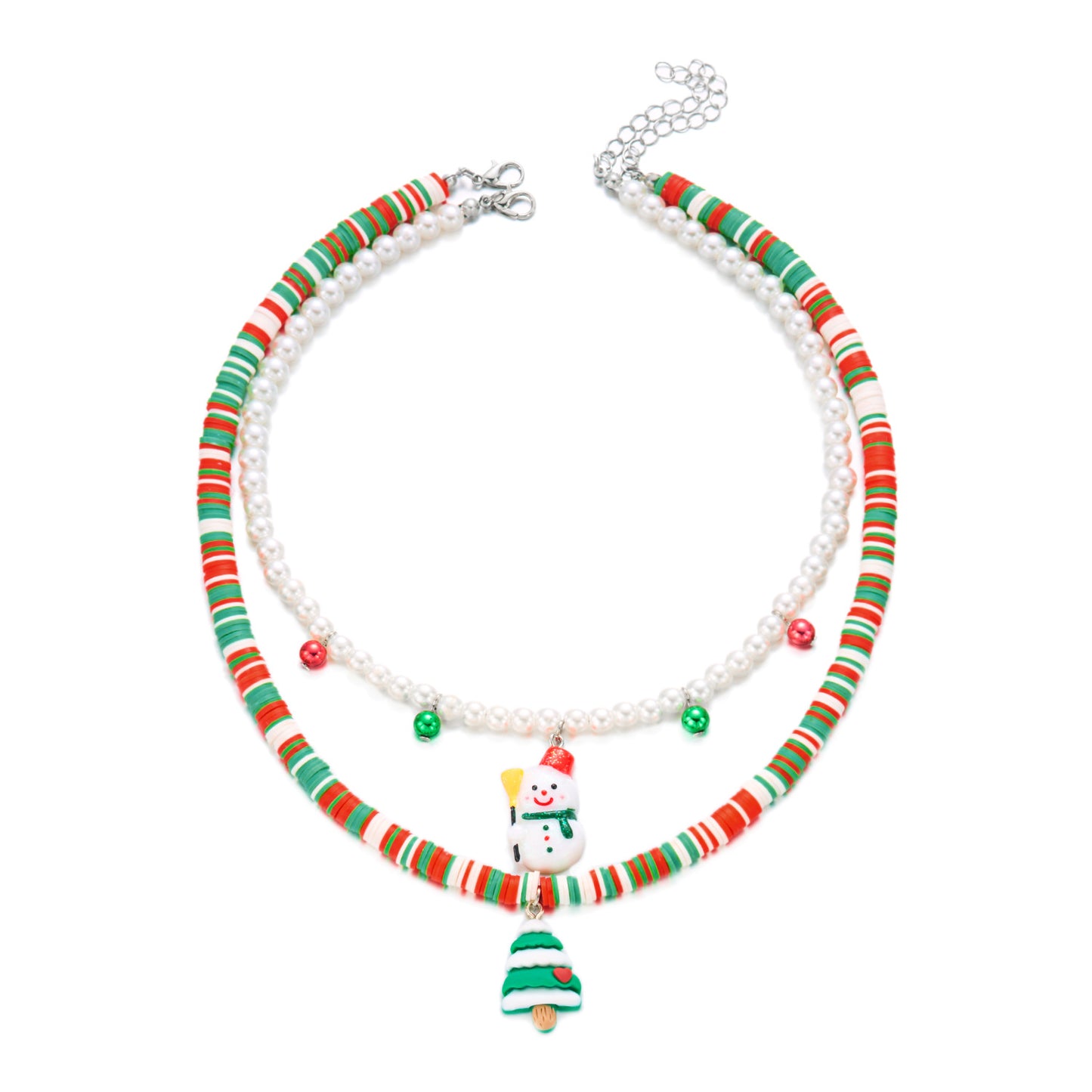 Set collana natalizia fatta a mano in argilla polimerica con ciondoli a forma di renna e pupazzo di neve su cordino cerato, unisex