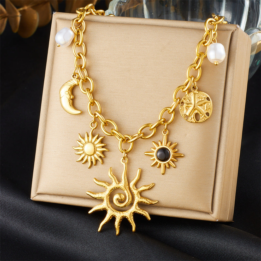Elegant Stainless Steel Drip Oil Moon Sun Flower Pendant Necklace with Cable Chain for Women
