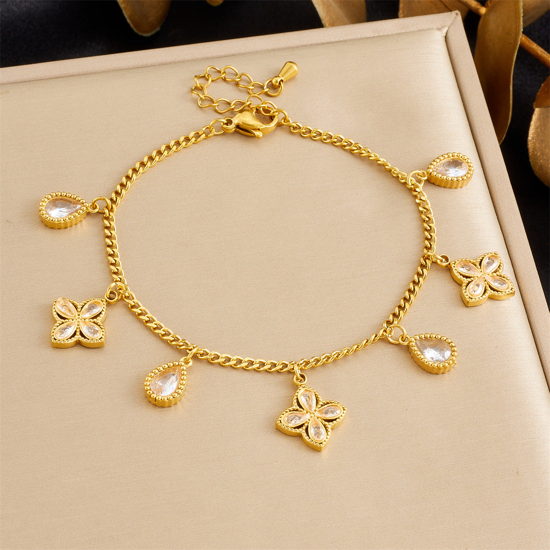 Minimalist Sweet Stainless Steel Drip Oil Plated Heart Floral Fruit Rhinestone Bracelet