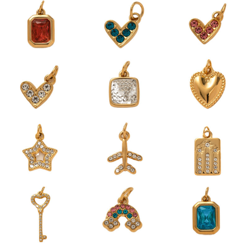 Vintage 18K Gold Plated PVD Stainless Steel Square Cubic Zirconia Inlaid Airplane Charm Bar